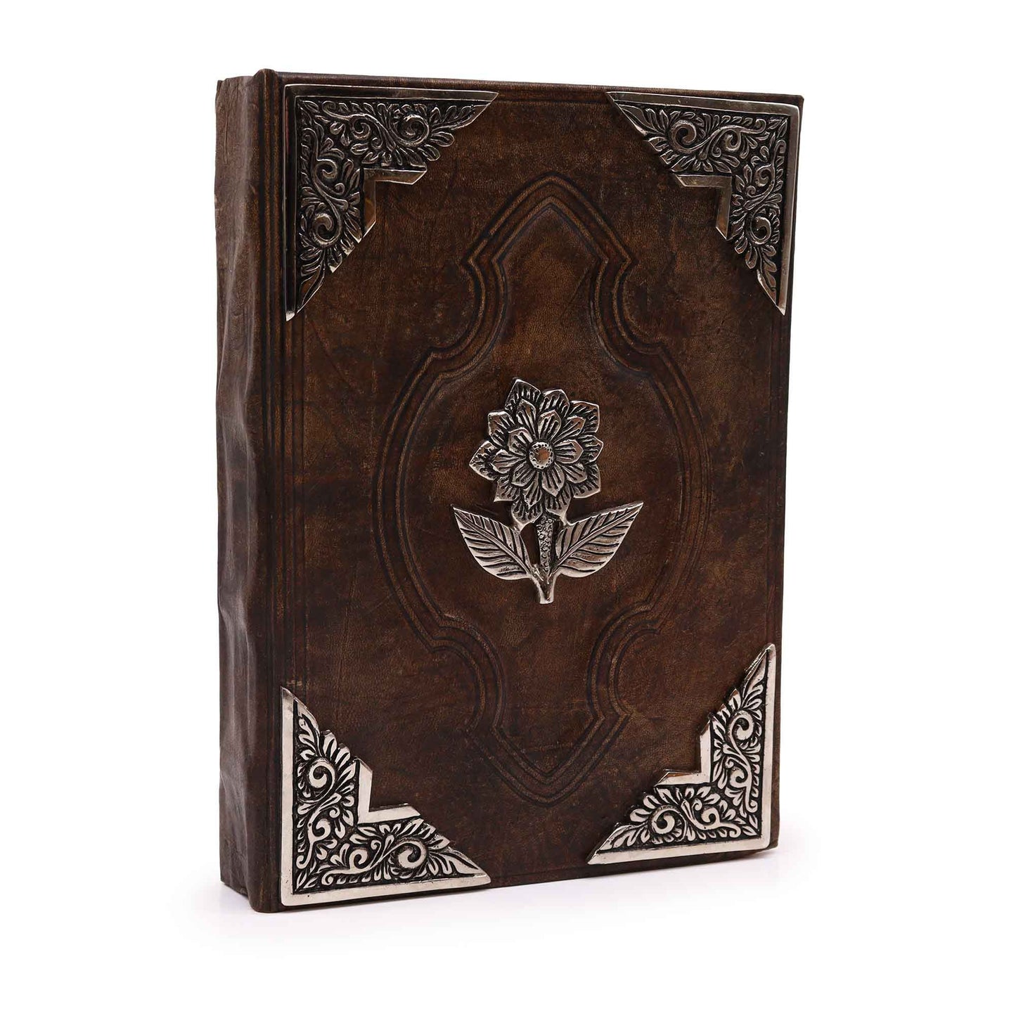 Large red tan leather notebook featuring a metallic zinc rose decoration and textured deckle edge paper pages.
