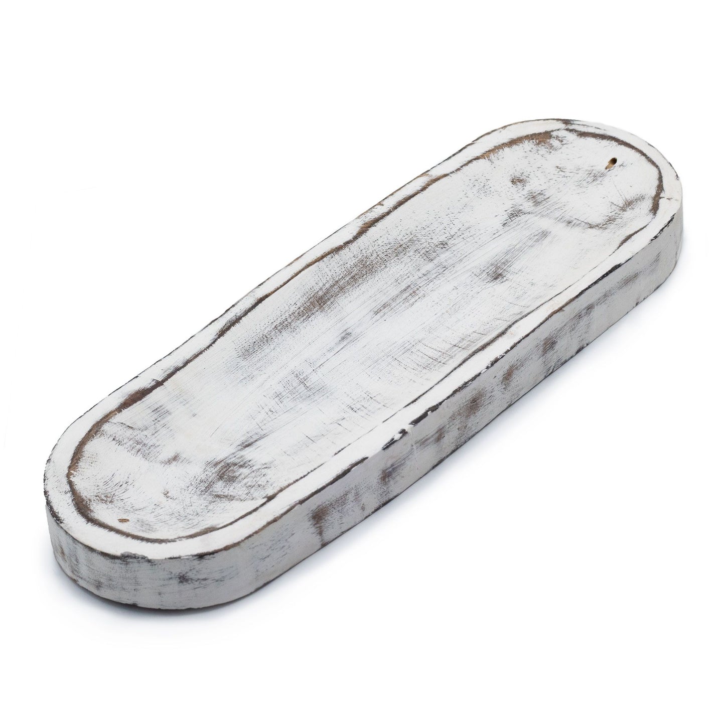 Large rectangular wooden incense tray with a rustic whitewash finish and a central groove for holding incense sticks.