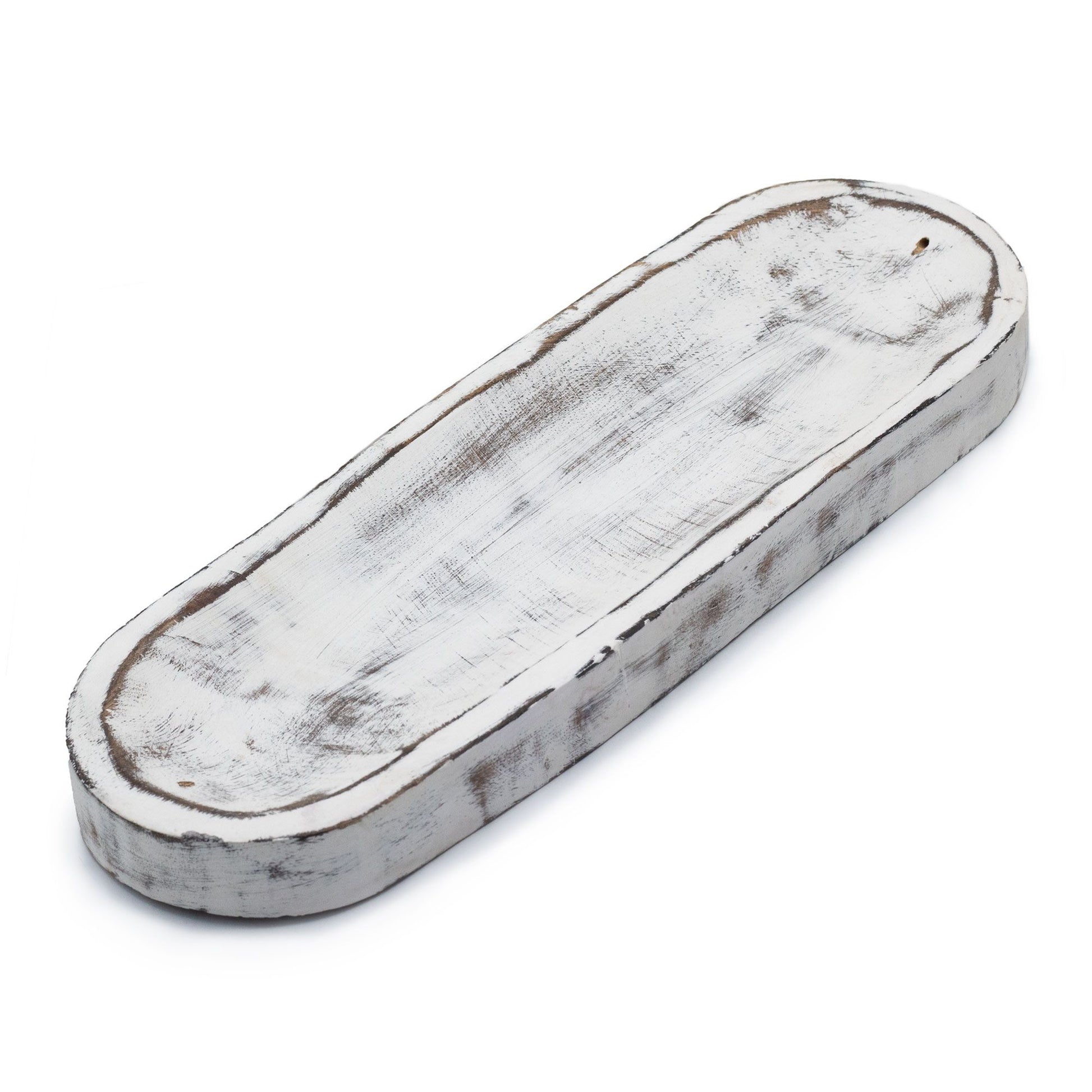 Large rectangular wooden incense tray with a rustic whitewash finish and a central groove for holding incense sticks.