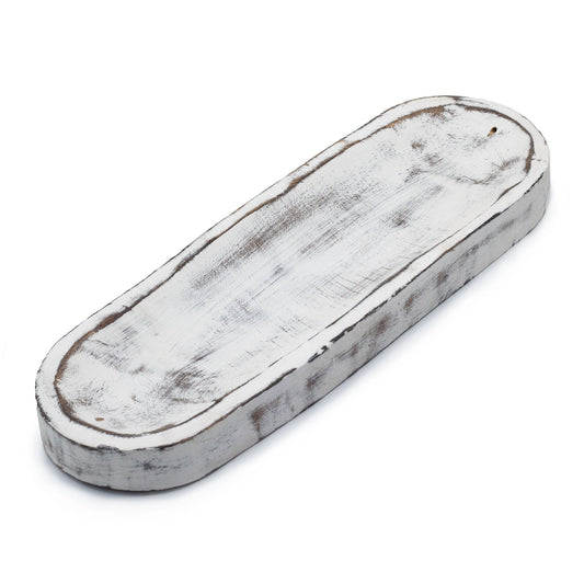 Large rectangular wooden incense tray with a rustic whitewash finish and a central groove for holding incense sticks.