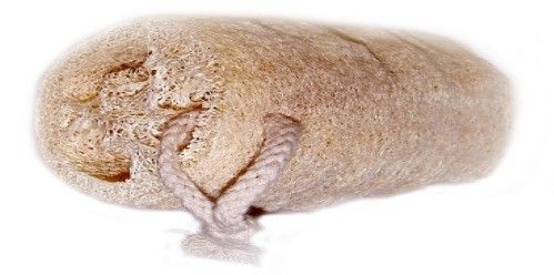Natural fibrous 5-inch loofah exfoliating sponge with a handy hanging cotton rope.