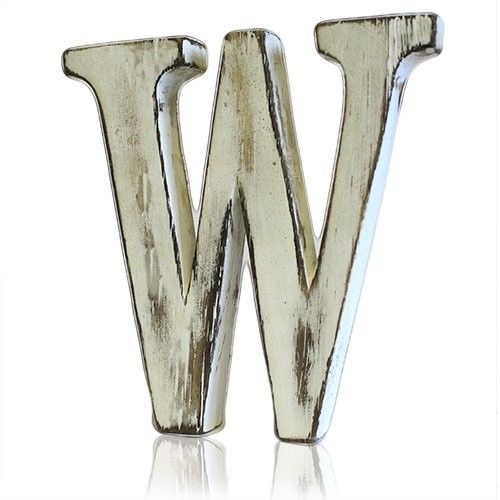 Handcrafted white-wash mango wood alphabet letter W with a distressed shabby chic finish.