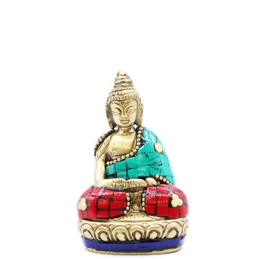 Small polished brass Buddha figurine with hands raised upwards in a standing pose, 7.5cm tall.