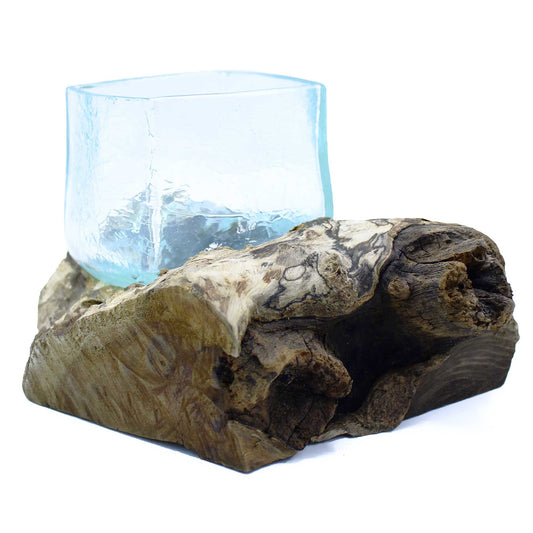 Hand-blown crackled glass tank slumped over a natural rustic wood base, creating a unique sculptural vessel.