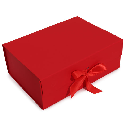 Extra large vibrant red flat pack gift box shown assembled with a clean matte finish.