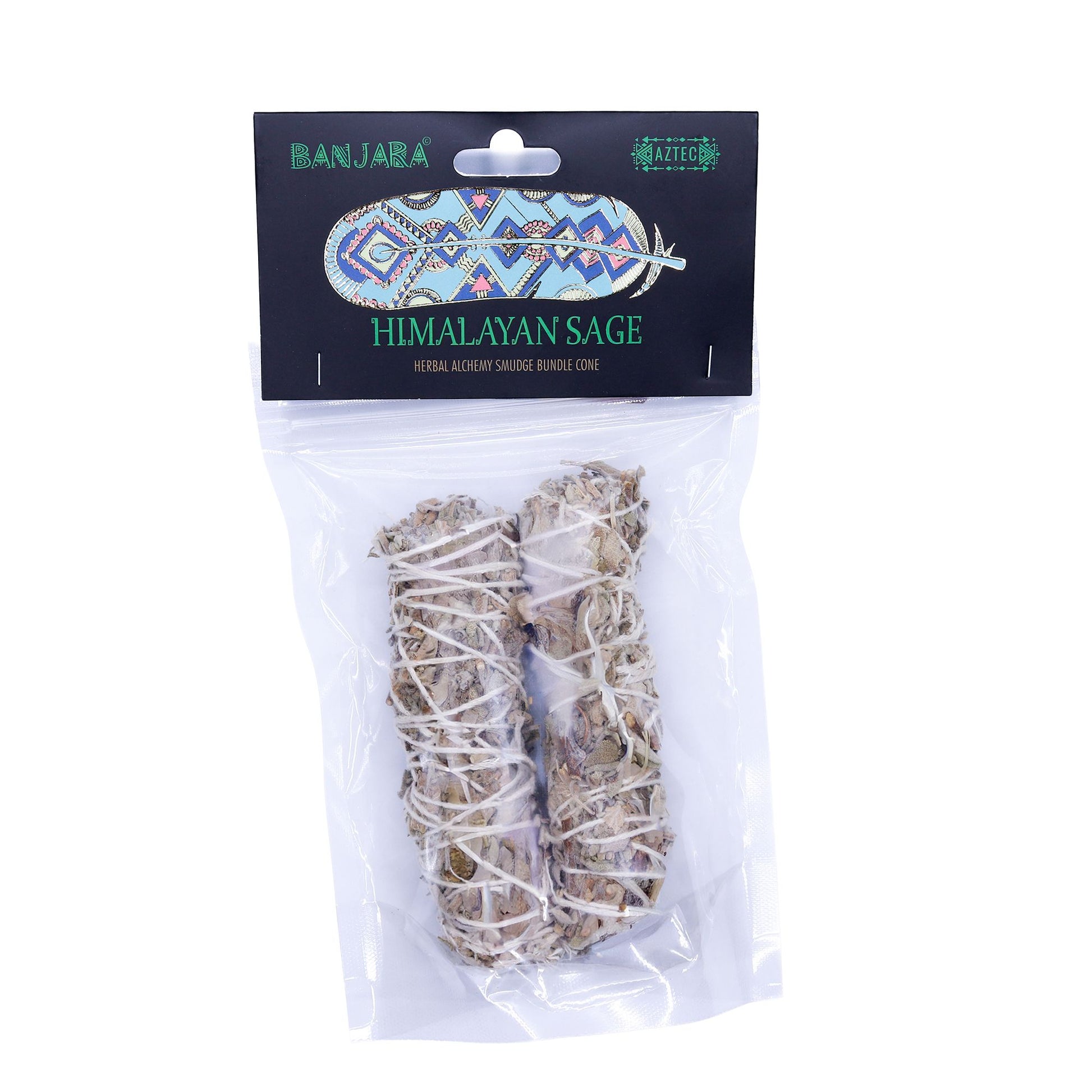 Hand-wrapped Himalayan sage smudge stick bundle adorned with five colourful dried flowers for spiritual cleansing.