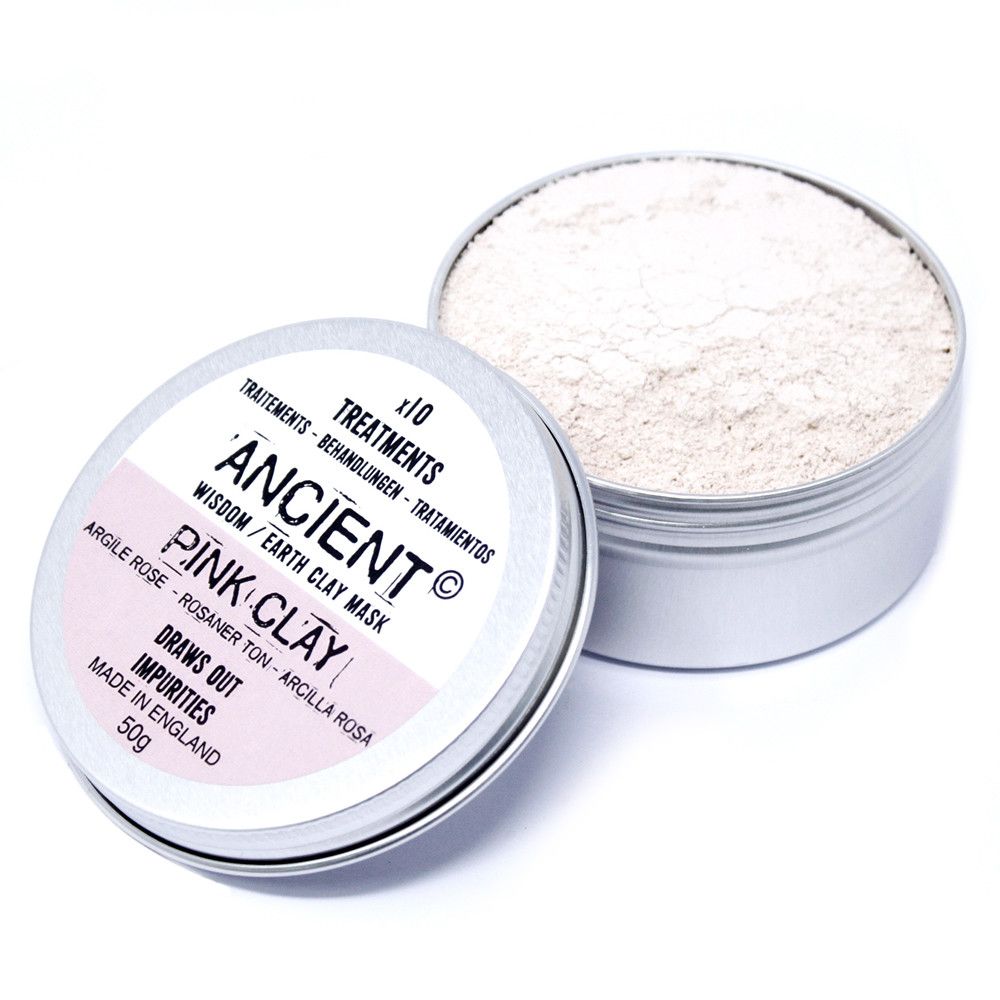 A 50g jar of smooth pink clay face mask, showing a fine powder texture ideal for natural skincare and facial treatments.