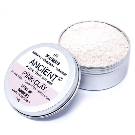 A 50g jar of smooth pink clay face mask, showing a fine powder texture ideal for natural skincare and facial treatments.