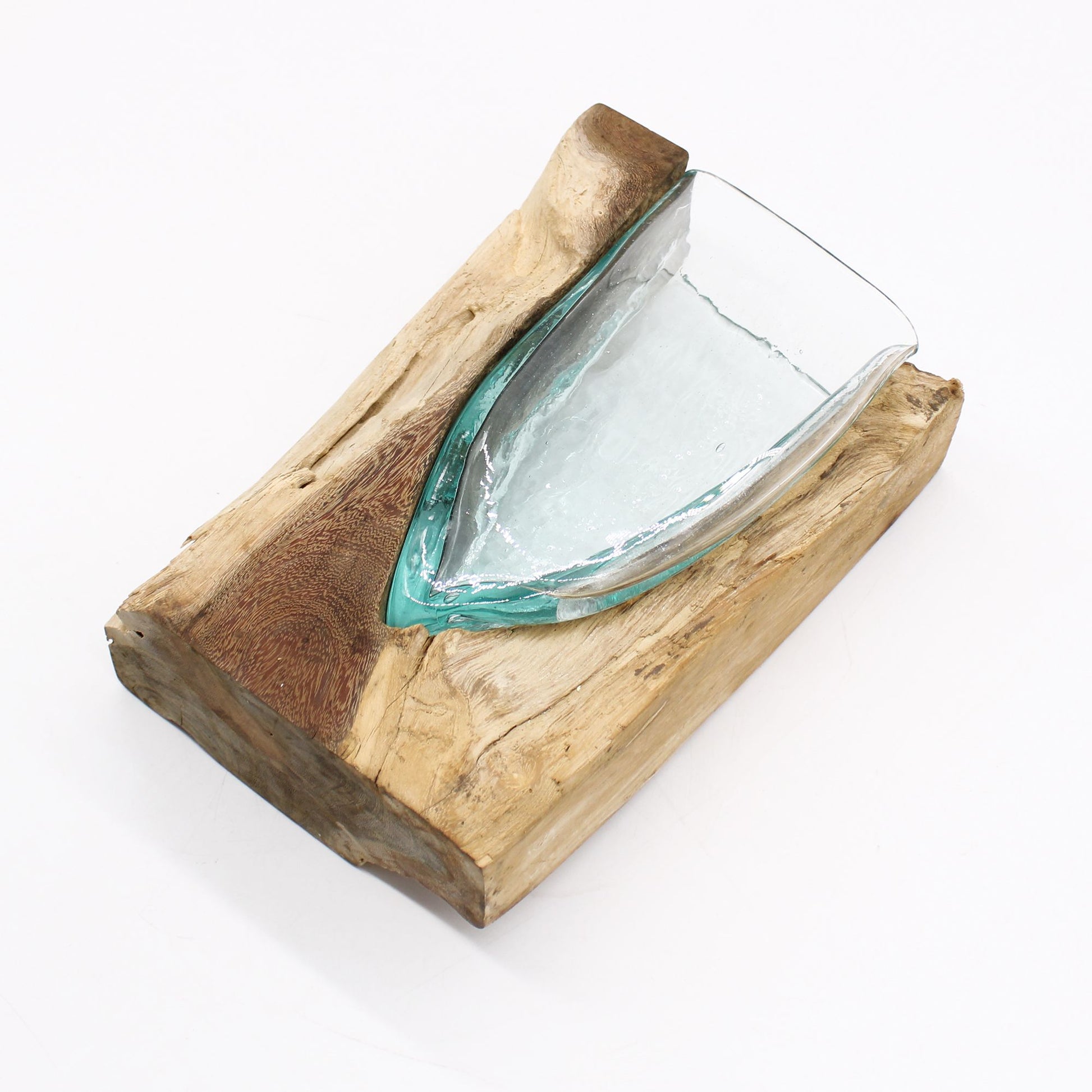 Handmade V-shaped molten glass vase expertly melted over a natural driftwood base.