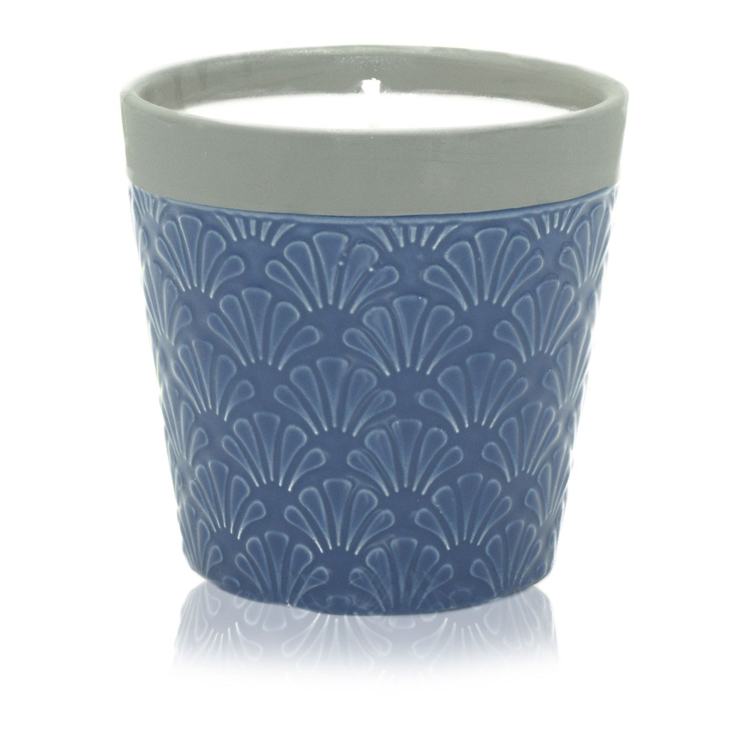 Large rustic ceramic candle pot filled with white soy wax, titled Blue Day.