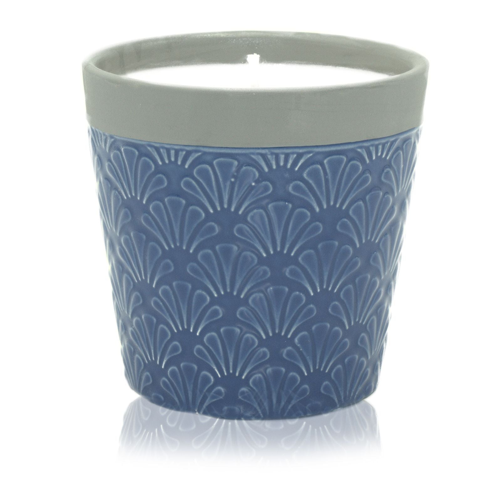 Large rustic ceramic candle pot filled with white soy wax, titled Blue Day.