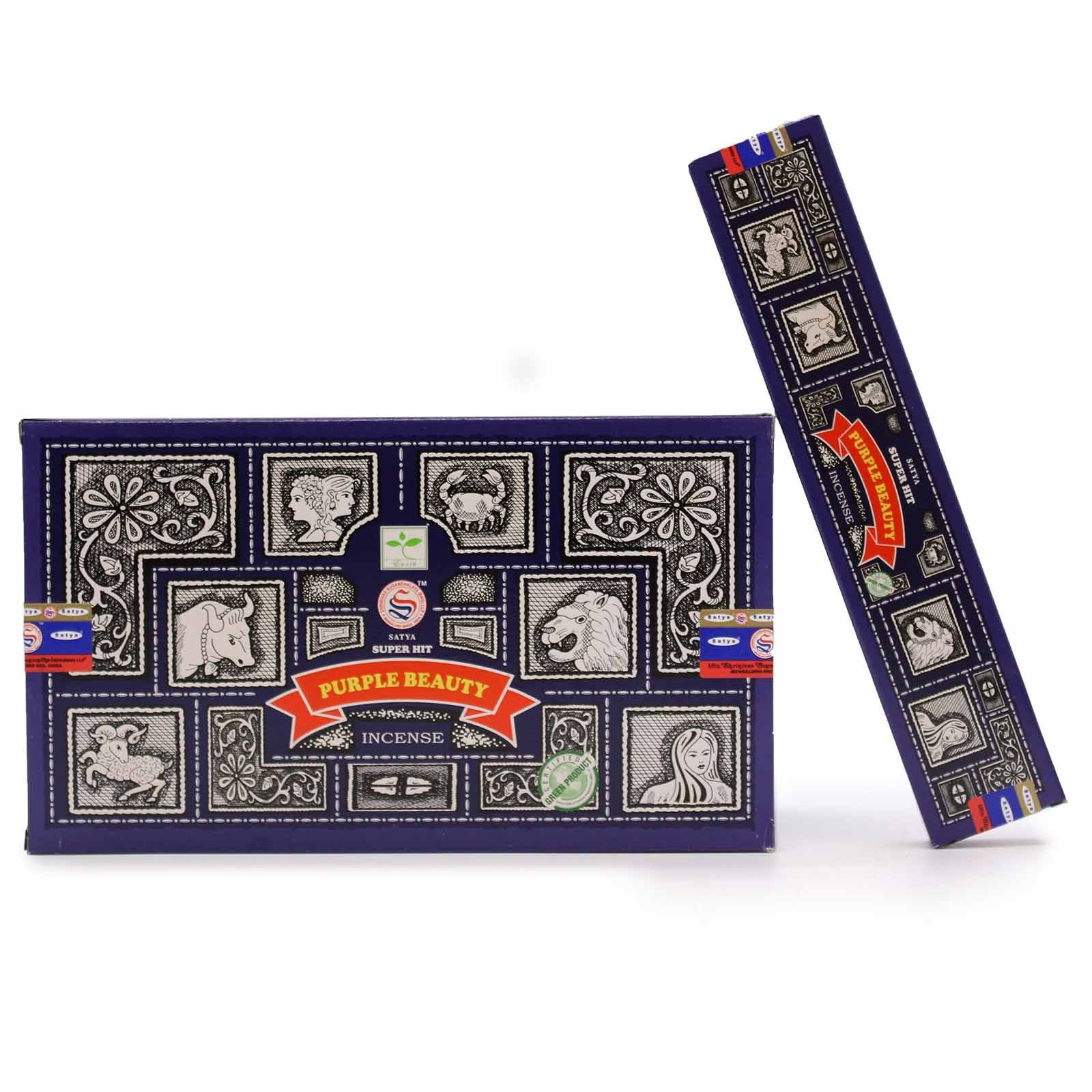 A pack of Super Hit Purple Beauty Nag Champa incense sticks with vibrant purple packaging on a neutral background.