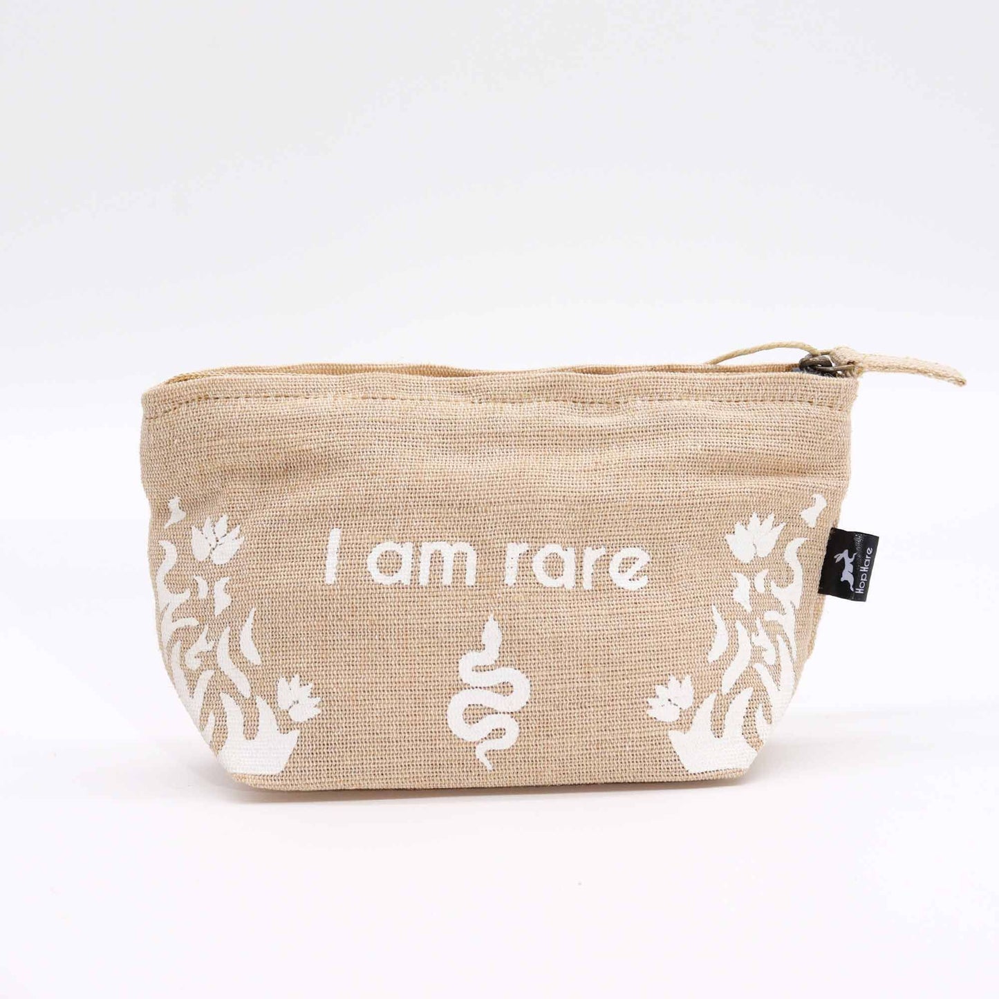 Natural jute drawstring pouch featuring the positive affirmation I Am Rare in black text with decorative moon details.