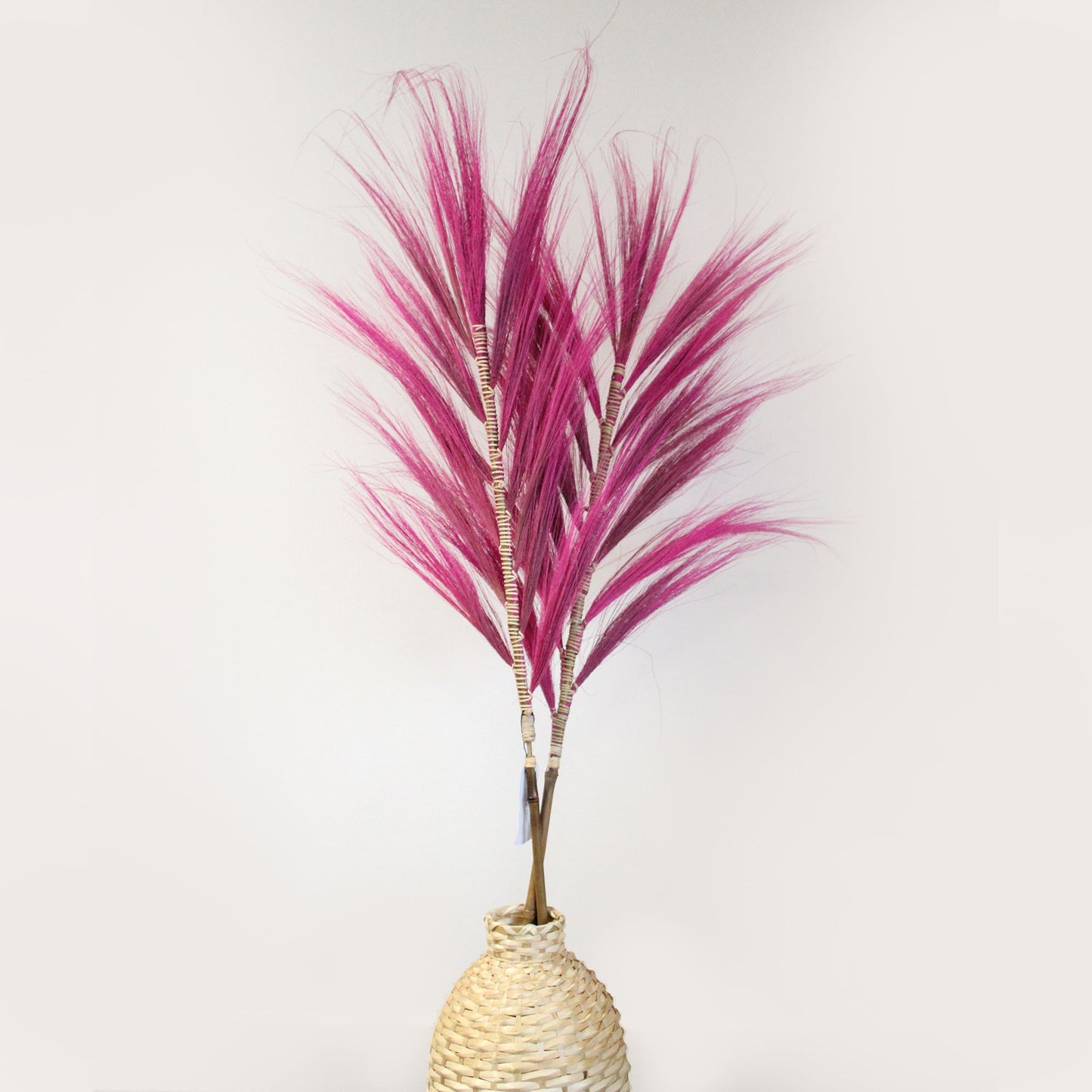 Tall, fluffy pink dried rayung grass braided onto a vertical bamboo stick for exotic home decoration.