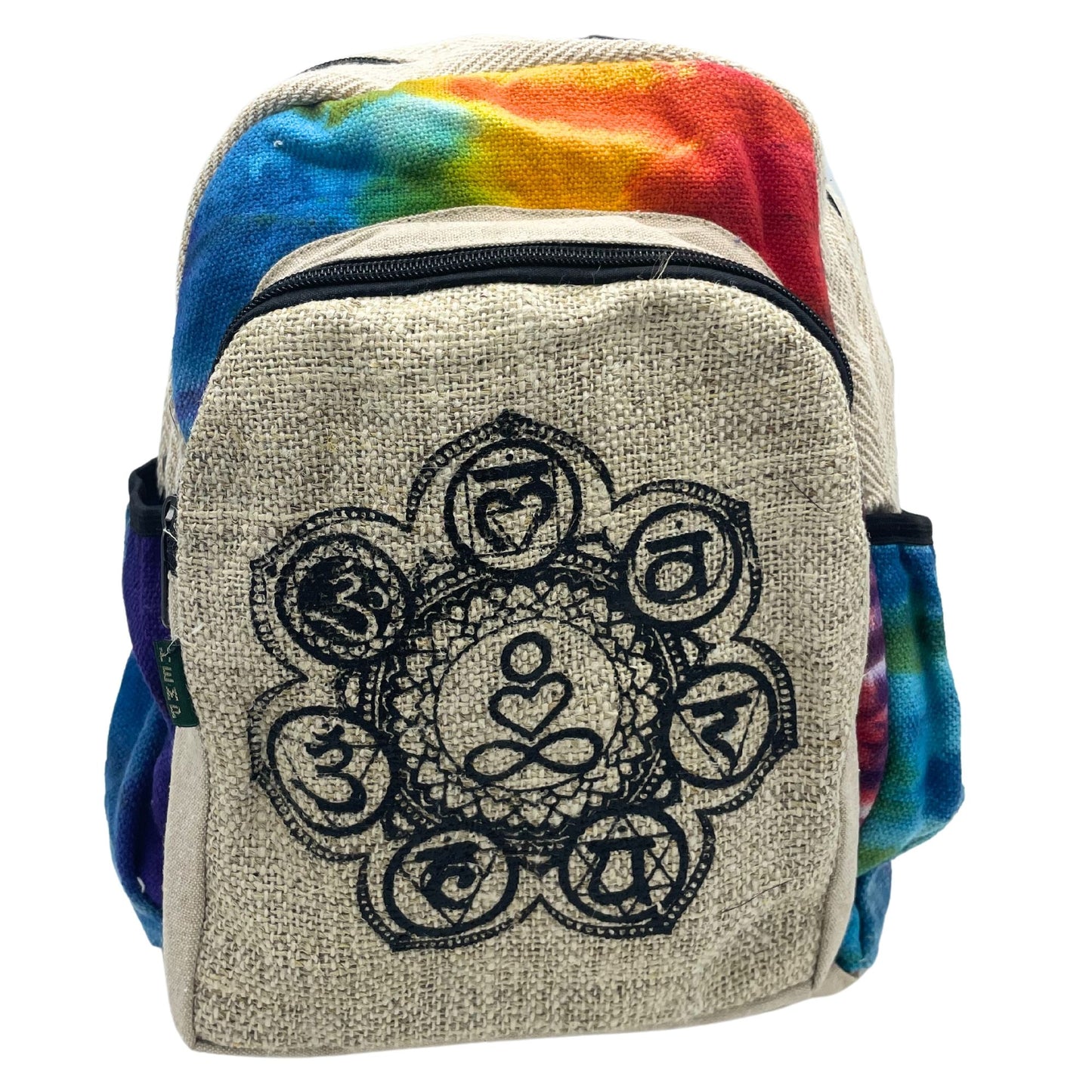 Vibrant tiedye hemp medium-sized backpack featuring colourful 7 Chakra symbols embroidered vertically down the centre.