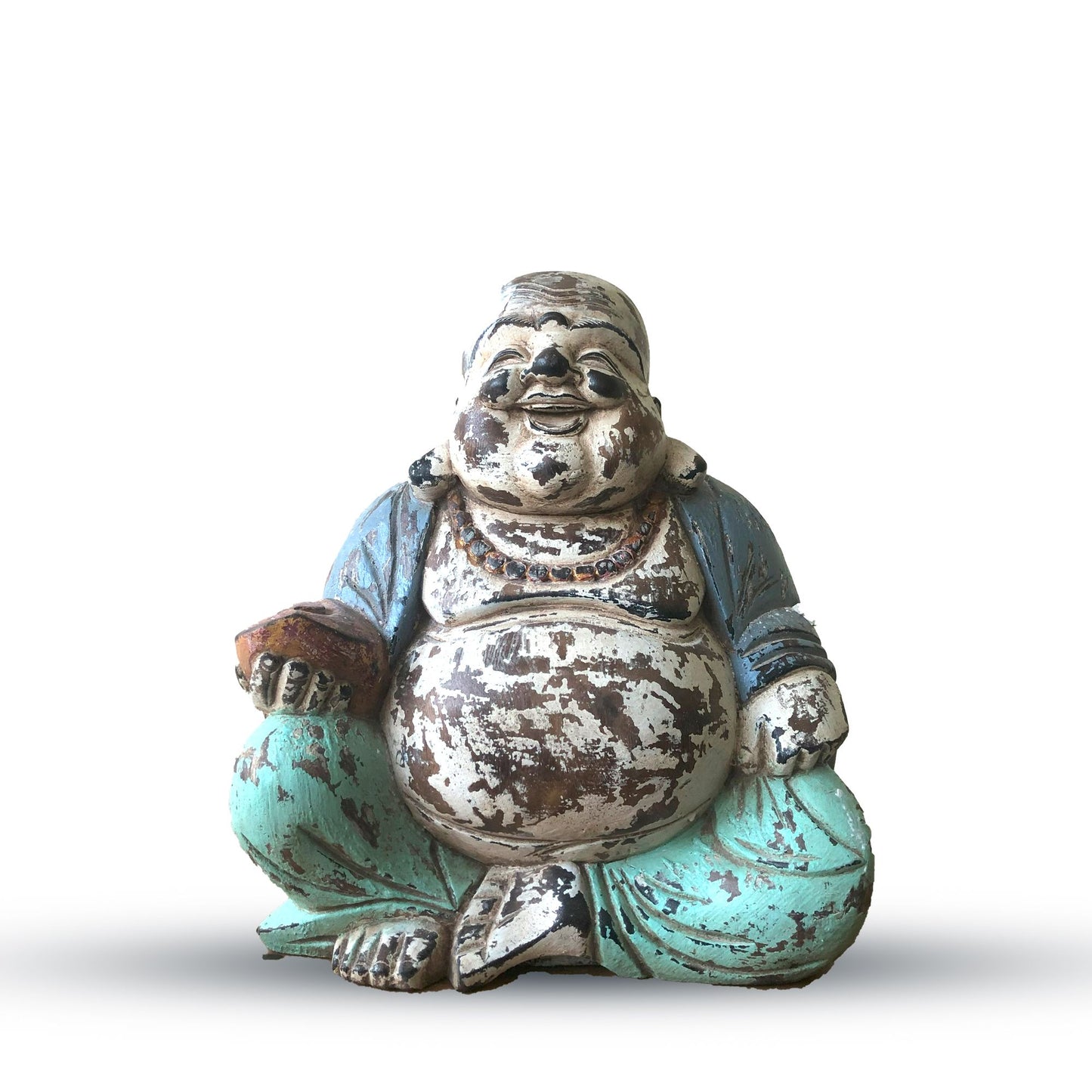 Hand-carved vintage blue and mint green Happy Buddha statue, 30cm tall, in a seated pose with a joyful expression.