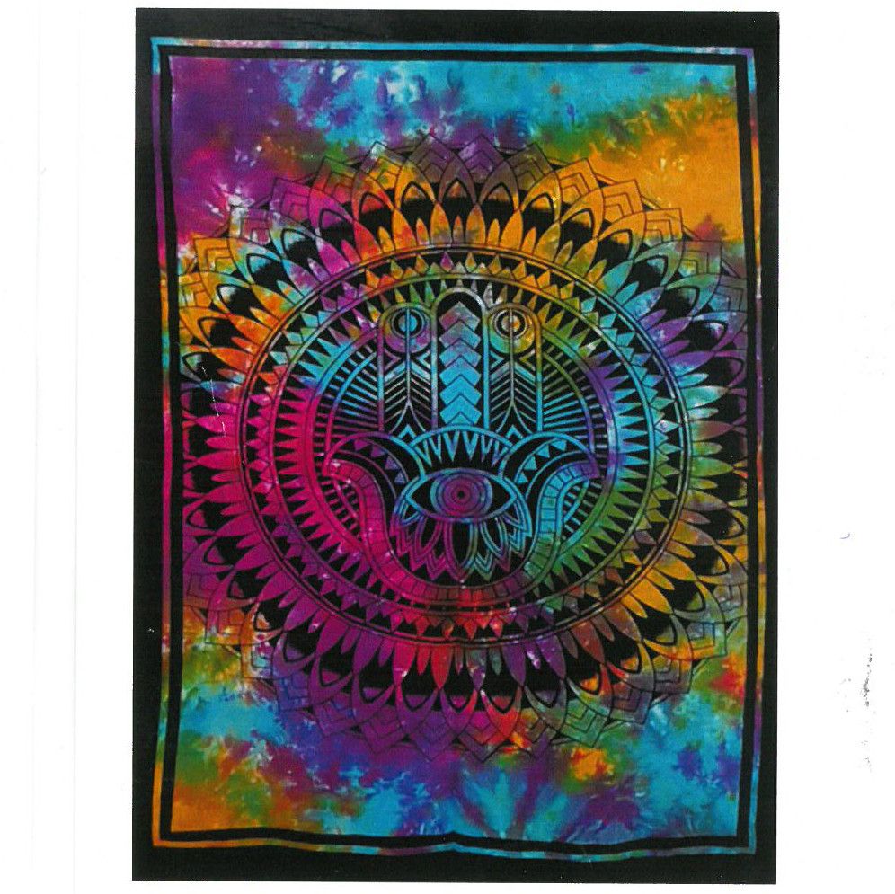 Intricate Hamsa Hand cotton wall hanging with vibrant colours and traditional Indian symbolic patterns on a black background.