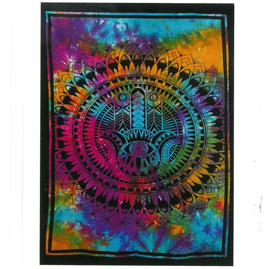 Intricate Hamsa Hand cotton wall hanging with vibrant colours and traditional Indian symbolic patterns on a black background.