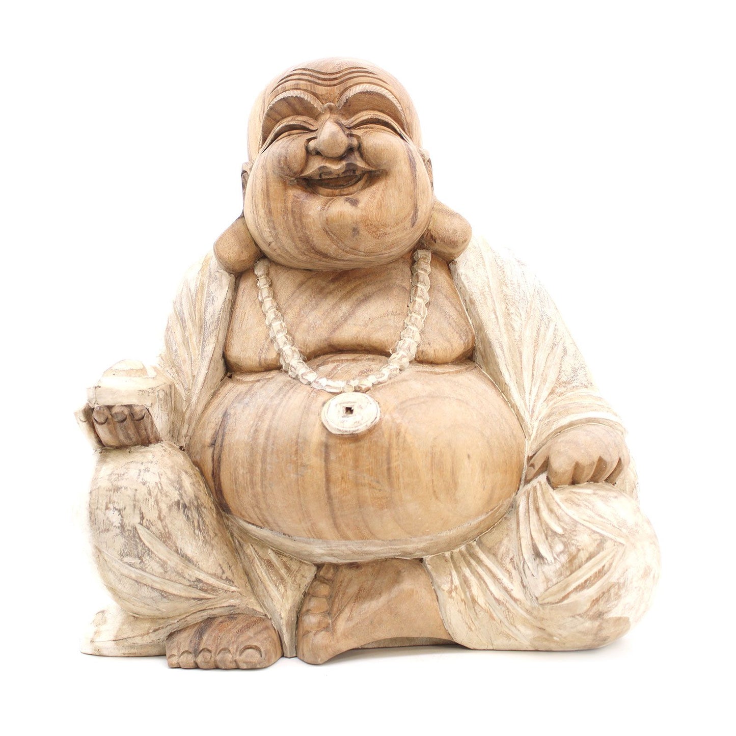 Large 40cm hand-carved wooden Happy Buddha statue with a rustic whitewash finish.