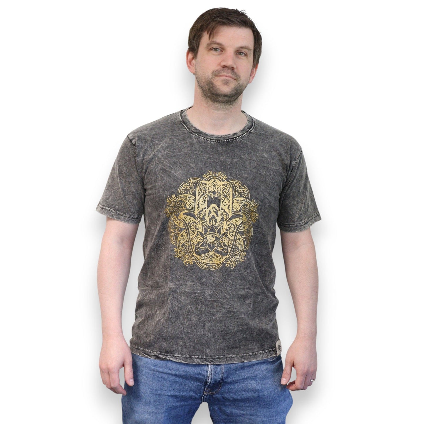 Dark grey stone washed cotton t-shirt featuring a central Hamsa hand symbol design with intricate patterns.