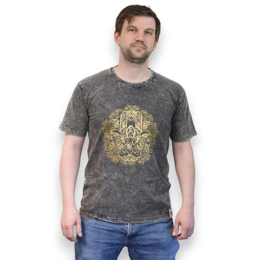 Dark grey stone washed cotton t-shirt featuring a central Hamsa hand symbol design with intricate patterns.