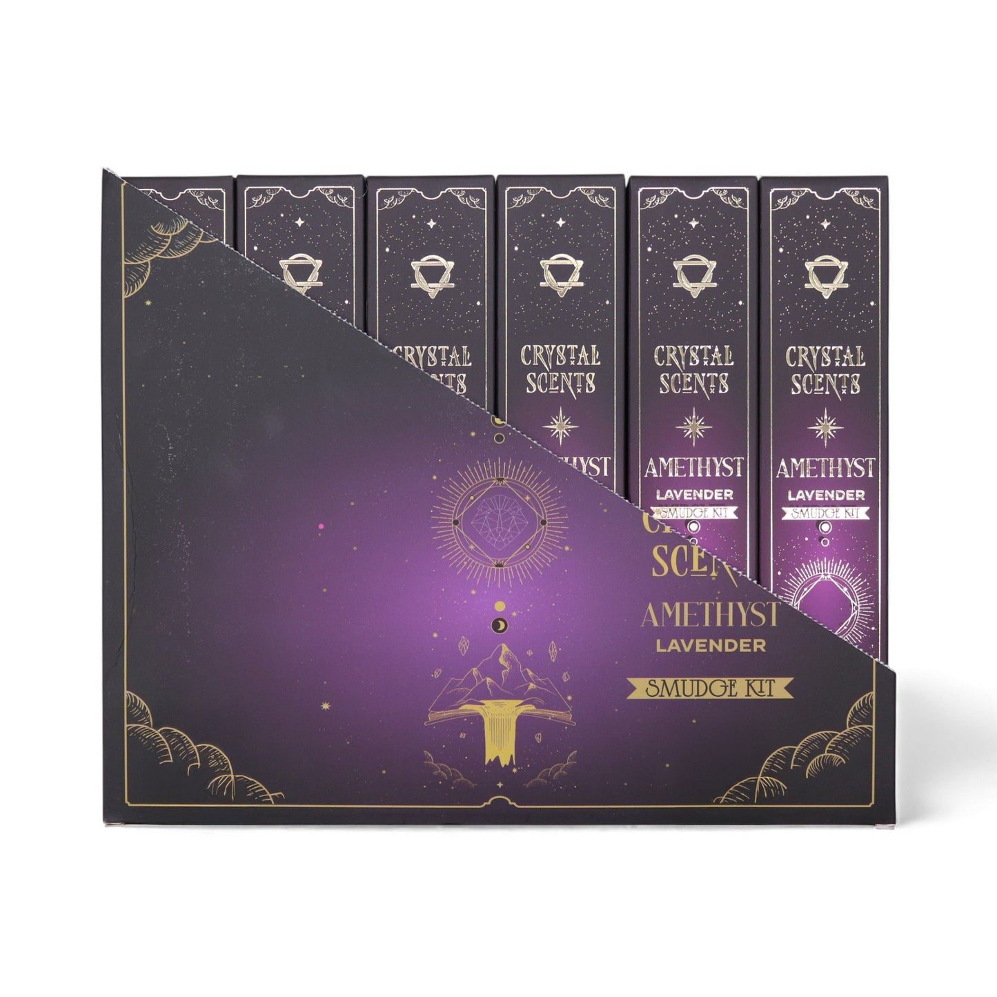 Handcrafted lavender incense sticks decorated with small purple amethyst crystal chips in a bundle.