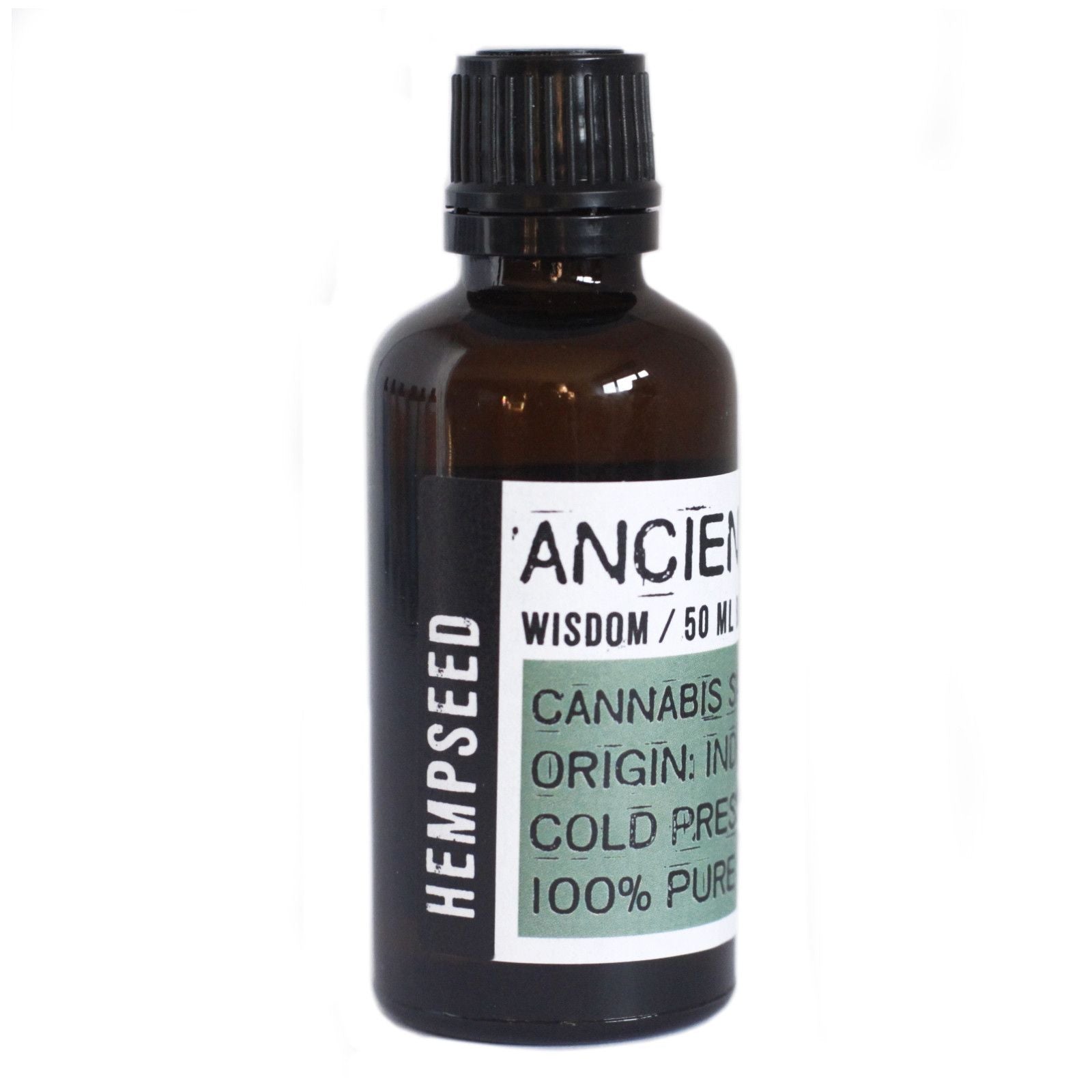 Amber glass bottle of green hempseed oil with a black screw cap, showing its natural light to medium green colour.