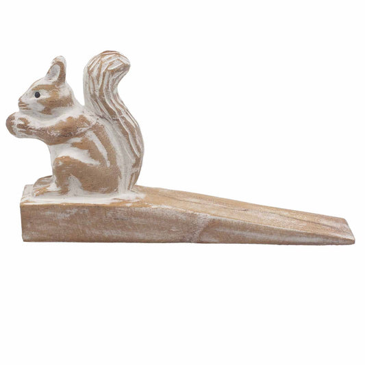 Detailed hand-carved wooden doorstop in the shape of a squirrel, crafted from dark sustainable Indonesian hardwood.