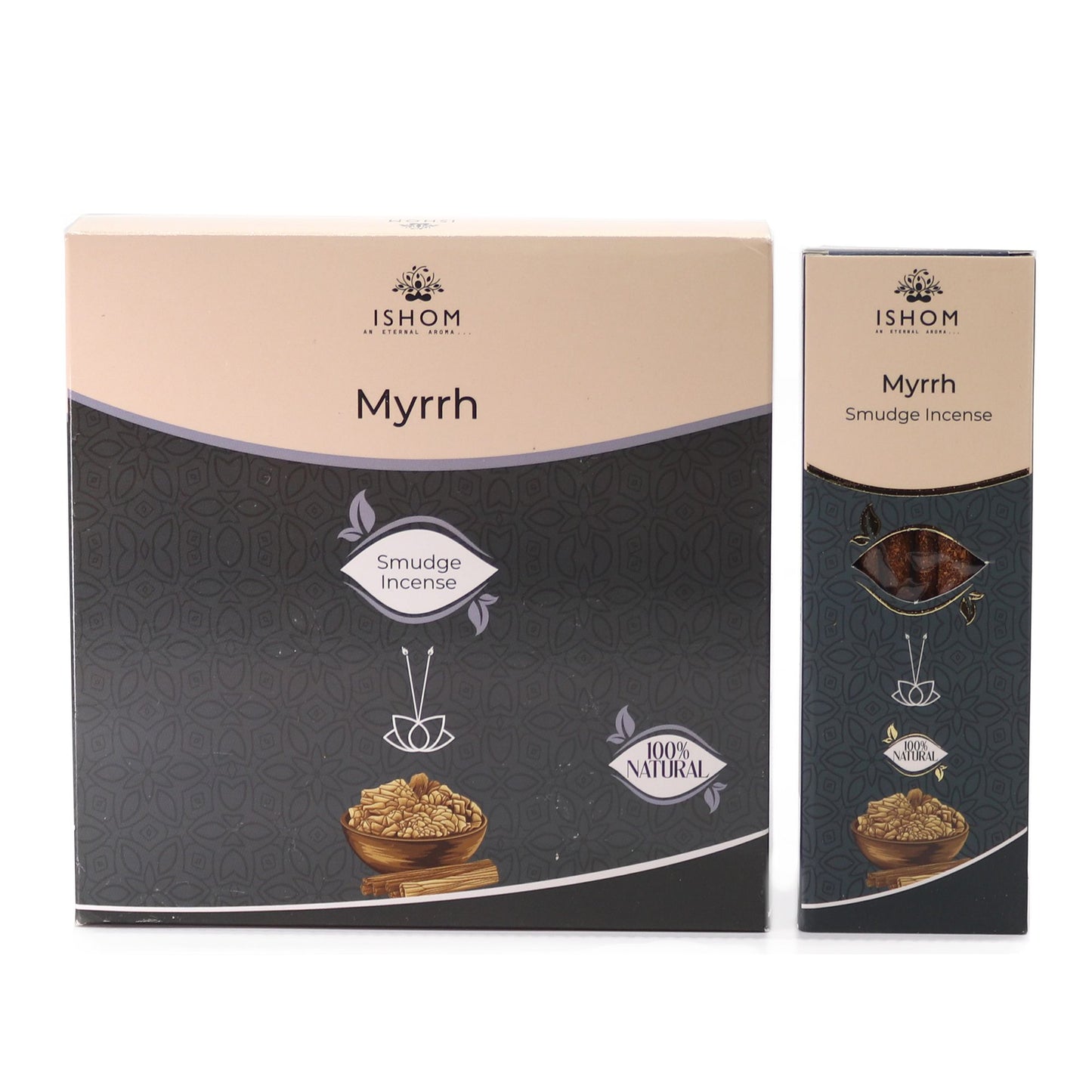 Hand-rolled natural myrrh incense sticks with a rich resinous texture on a minimalist background.