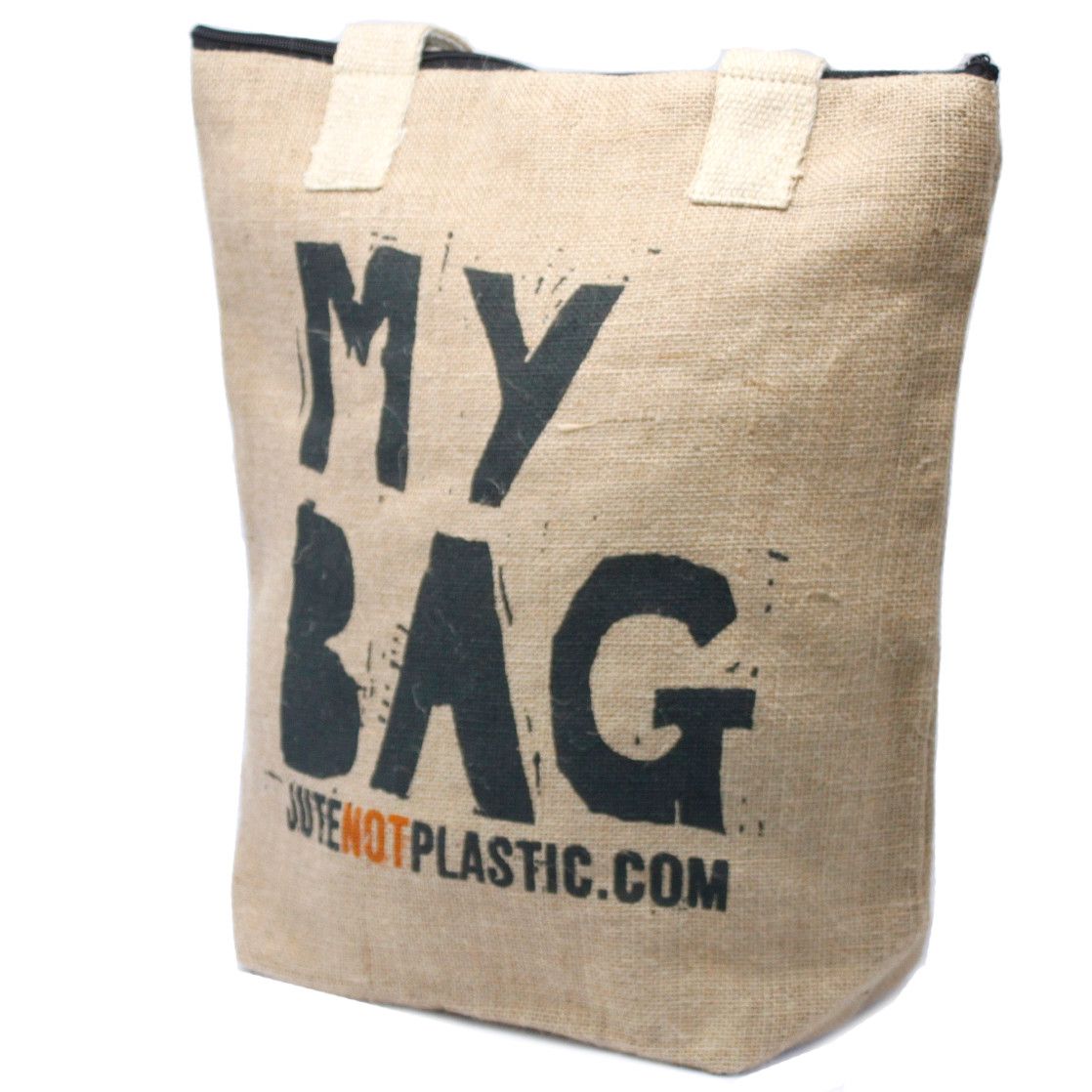 Large eco-friendly jute shopping bag with soft cotton handles and a secure zip closure.