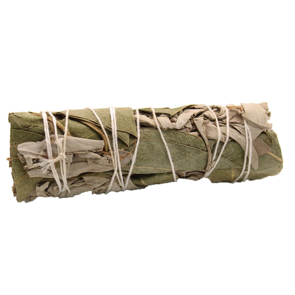 Hand-tied bundle of dried white sage leaves and juniper sprigs for spiritual smudging and aromatherapy.