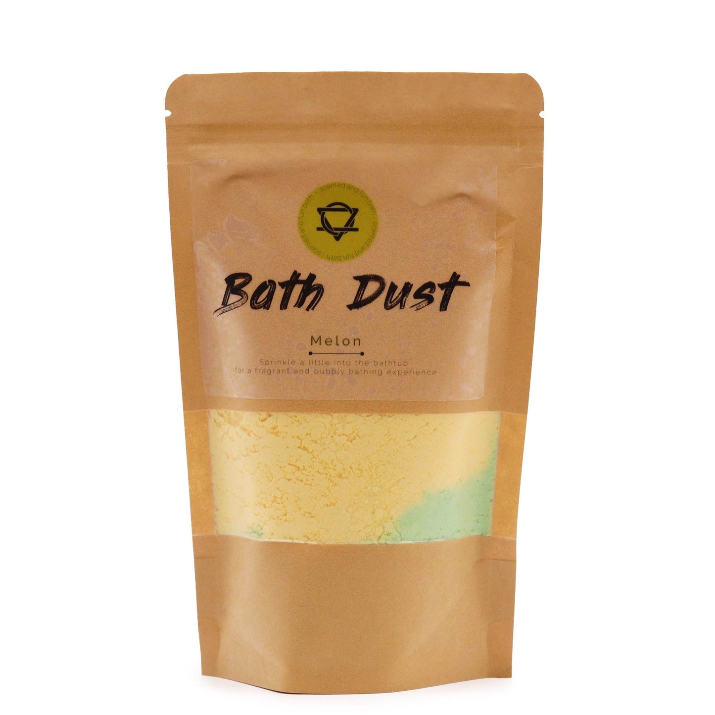 Vibrant melon scented bath dust in a 190g pouch for a refreshing and colourful bathing experience.