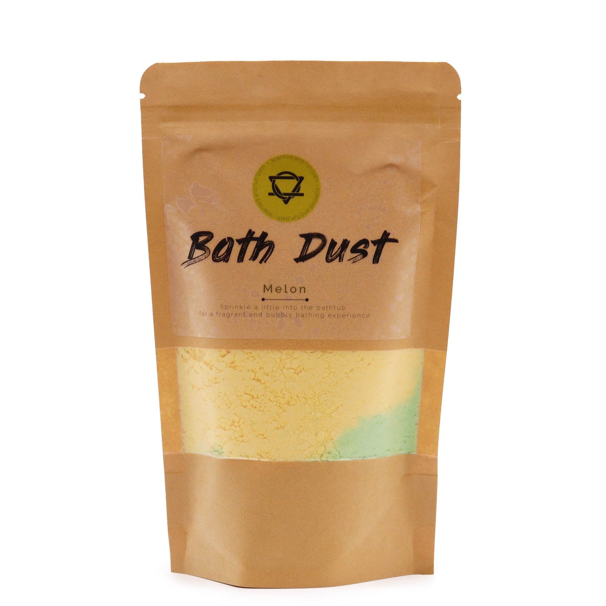 Vibrant melon scented bath dust in a 190g pouch for a refreshing and colourful bathing experience.