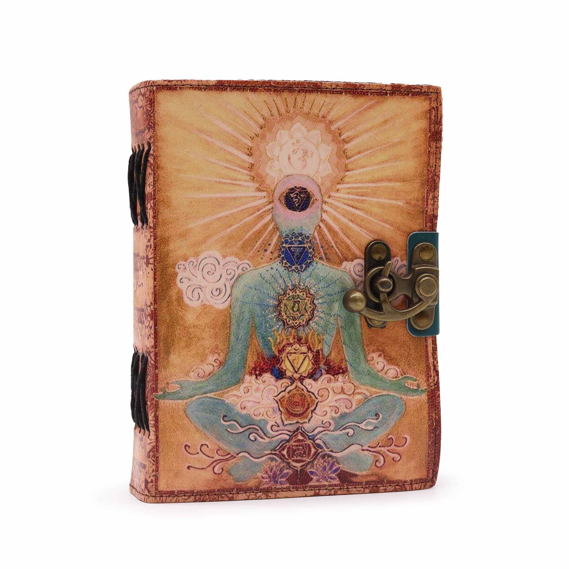 Handmade brown leather notebook with an embossed Buddha and seven chakra design featuring a brass metal clasp.