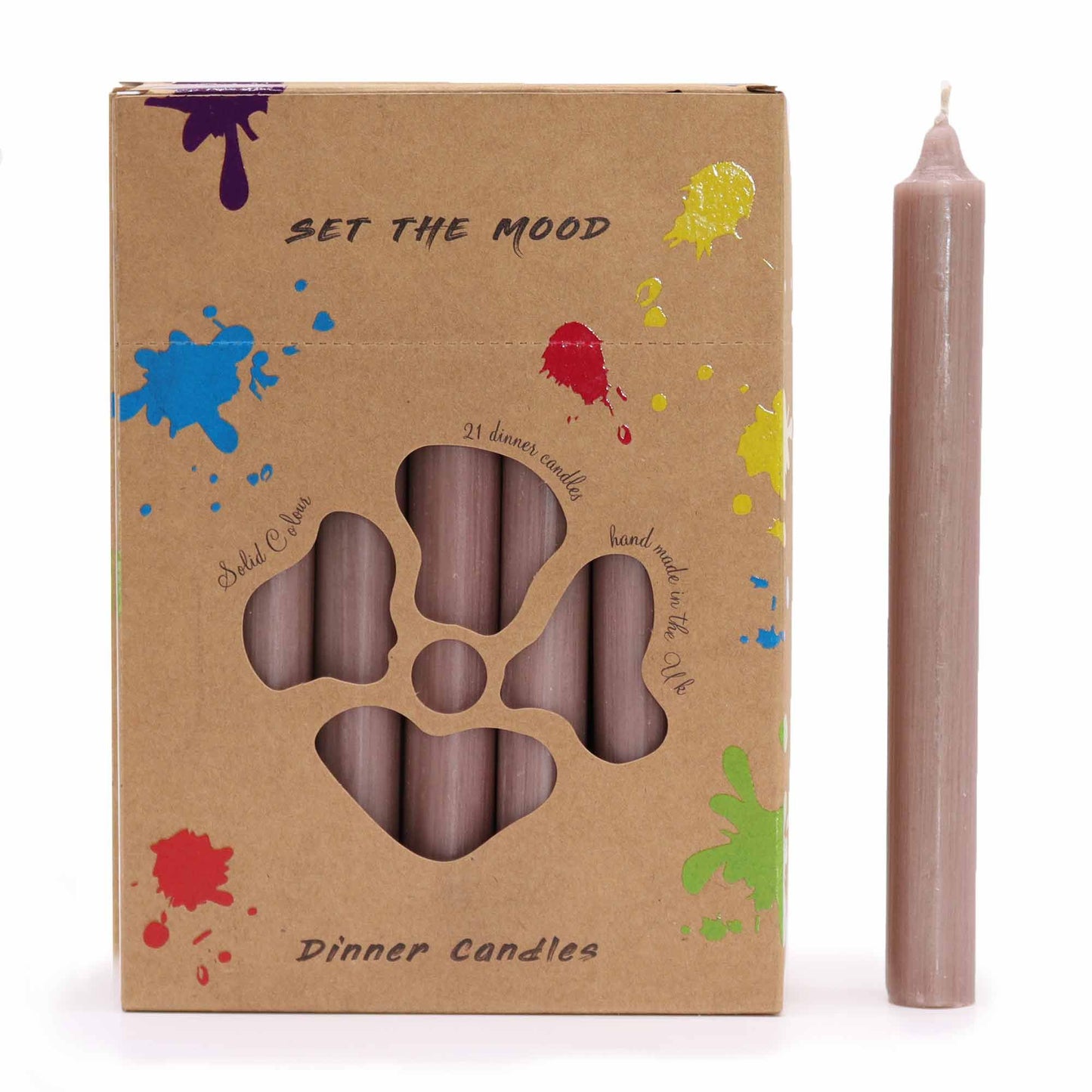 Pack of twenty-one long, rustic taupe-coloured dinner candles with a textured solid finish.