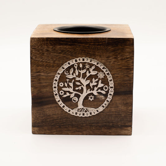 Large square handcrafted mango wood oil burner featuring an intricate carved Tree of Life design on the front.