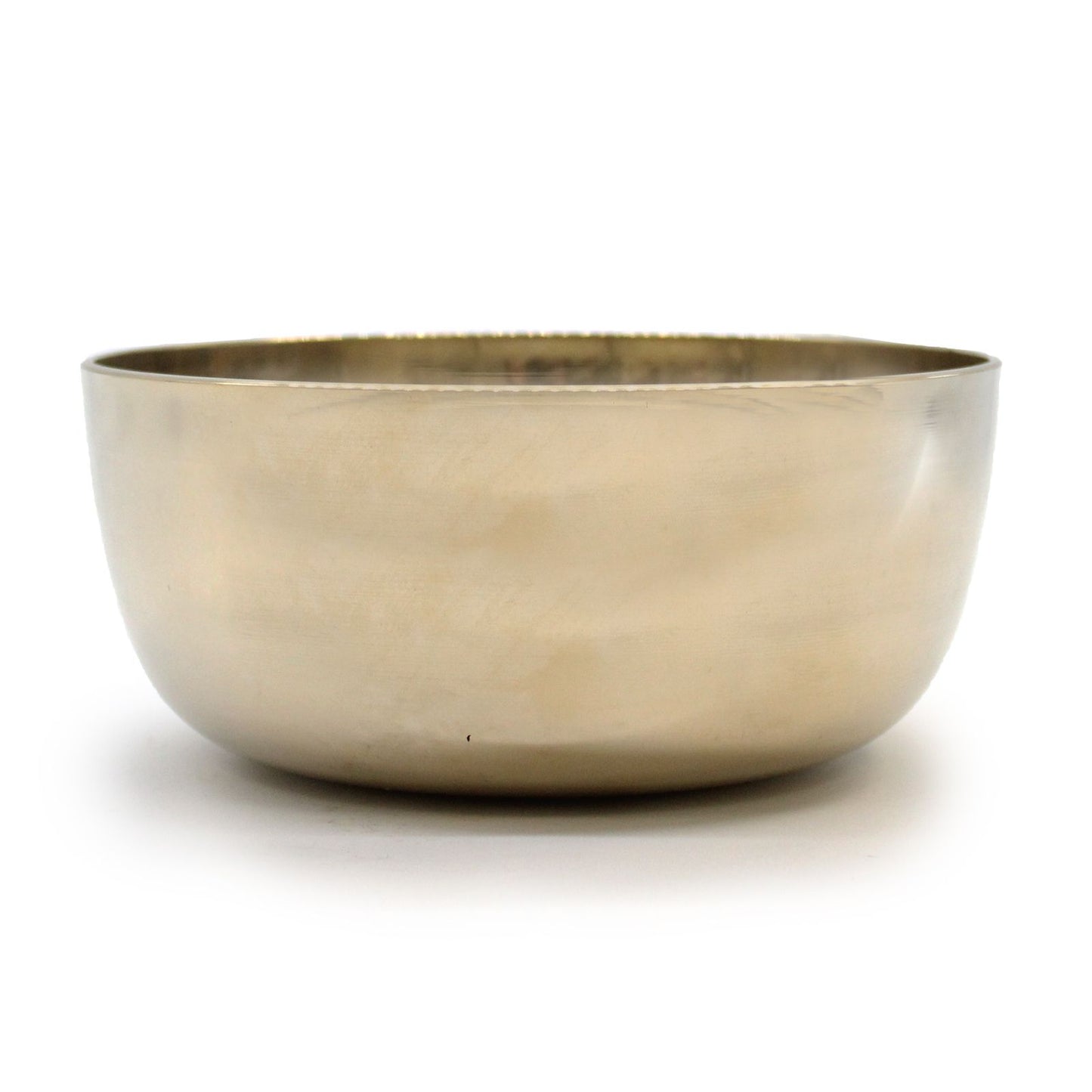 Large polished brass Tibetan singing bowl showing a smooth golden finish and traditional rounded shape.