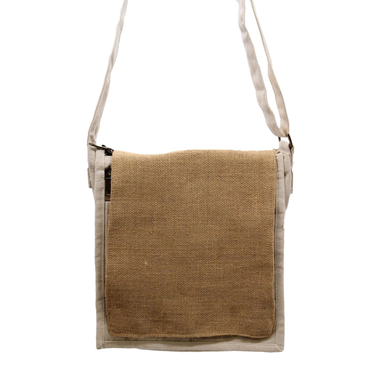 Natural cream cotton canvas messenger bag with soft tan jute trim and adjustable shoulder strap.