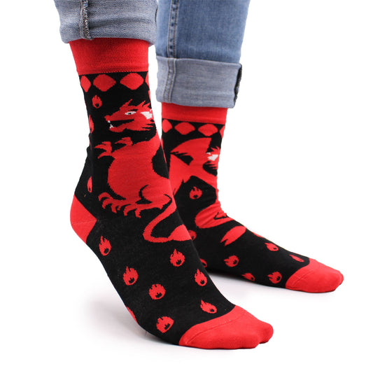 Soft bamboo socks in size small to medium featuring a vibrant red dragon pattern on a dark background.