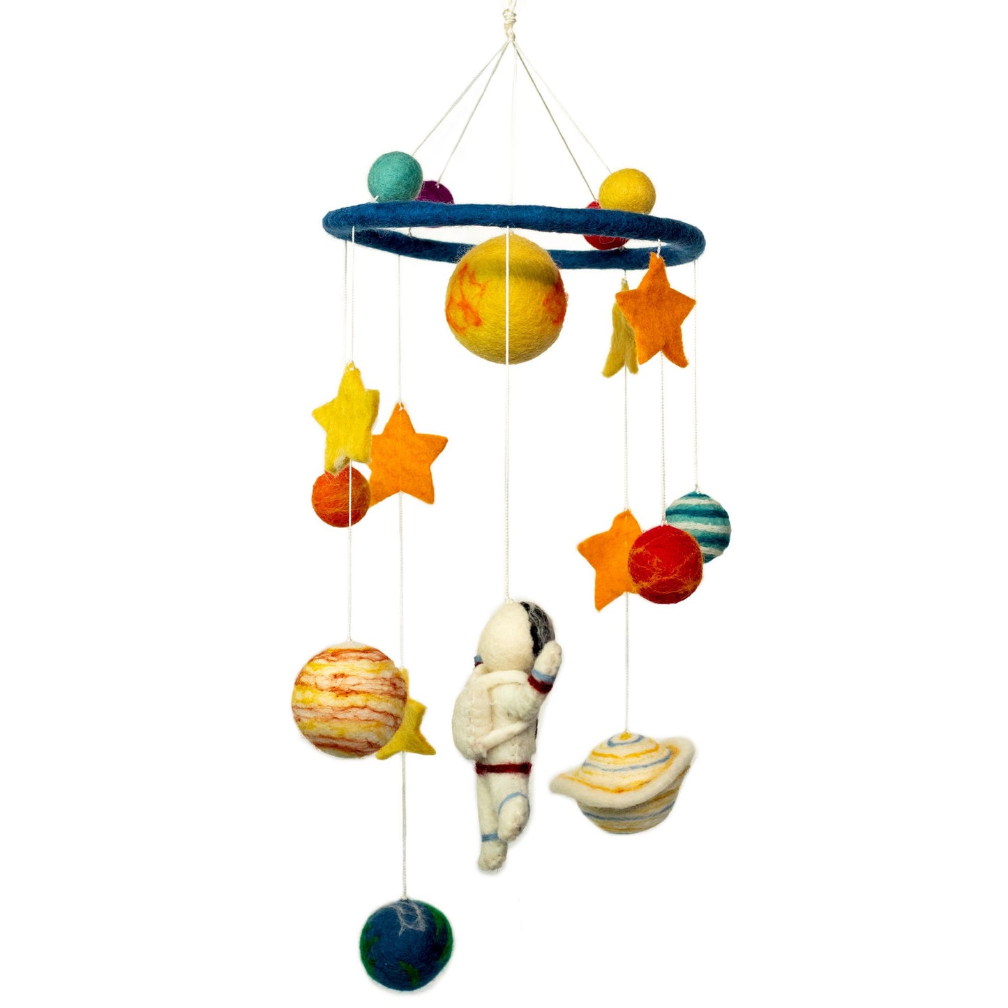Handmade felt nursery mobile featuring a small astronaut figure and colourful planets suspended from a wooden ring.