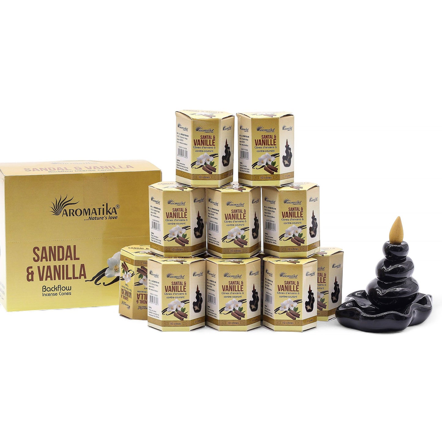 A pack of ten premium masala backflow incense cones featuring a soothing sandalwood and vanilla fragrance.