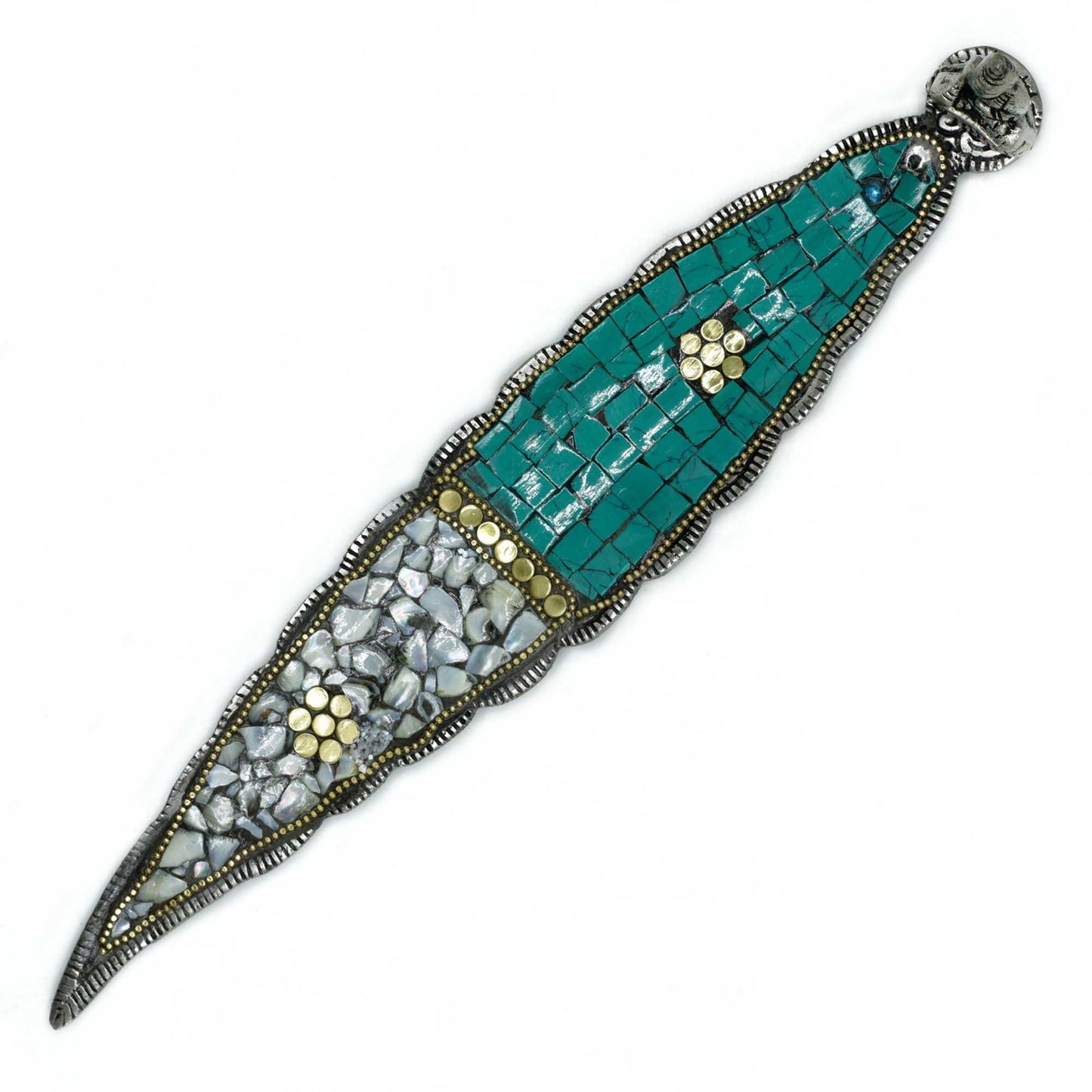 Handcrafted long leaf shaped incense holder featuring a seated Buddha figure in a traditional Tibetan decorative style.