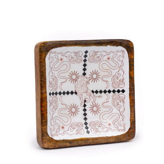 Large square wooden trinket tray with a vibrant enameled interior featuring a majestic lion and coiled snakes.