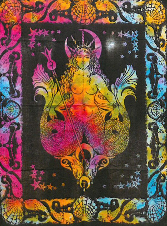 A bold mermaid design wall hanging on deep blue cotton fabric, handcrafted in India for spiritual home decor.