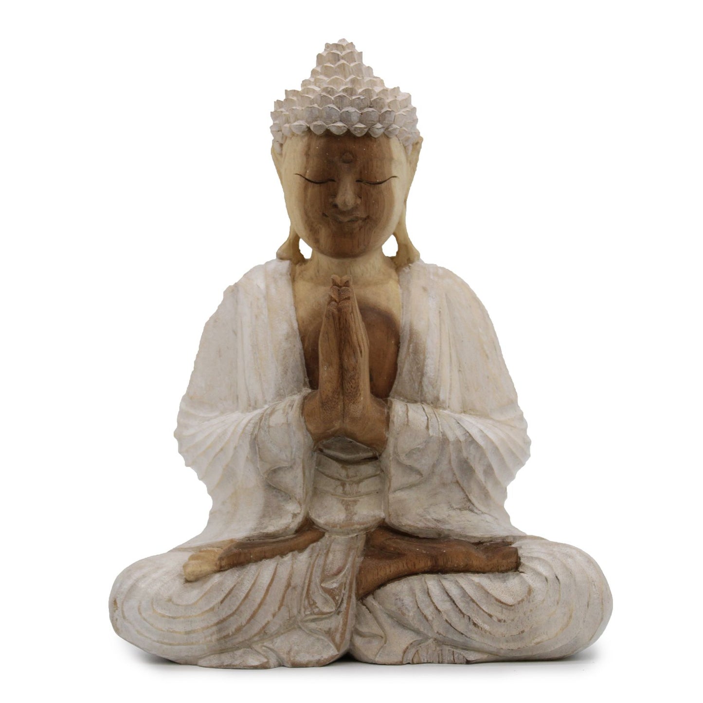 Hand-carved 30cm Buddha statue with a rustic whitewash finish, depicted in a traditional welcoming gesture.