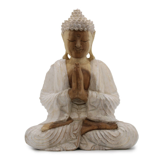 Hand-carved 30cm Buddha statue with a rustic whitewash finish, depicted in a traditional welcoming gesture.