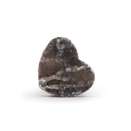 A small, polished heart-shaped calcite crystal showing natural banding and soft crystalline textures.