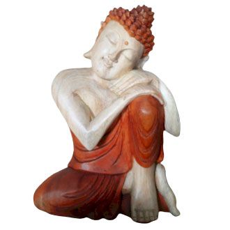 Hand-carved wooden Buddha statue in a thinking pose, crafted from rich grained Suar wood with intricate details.