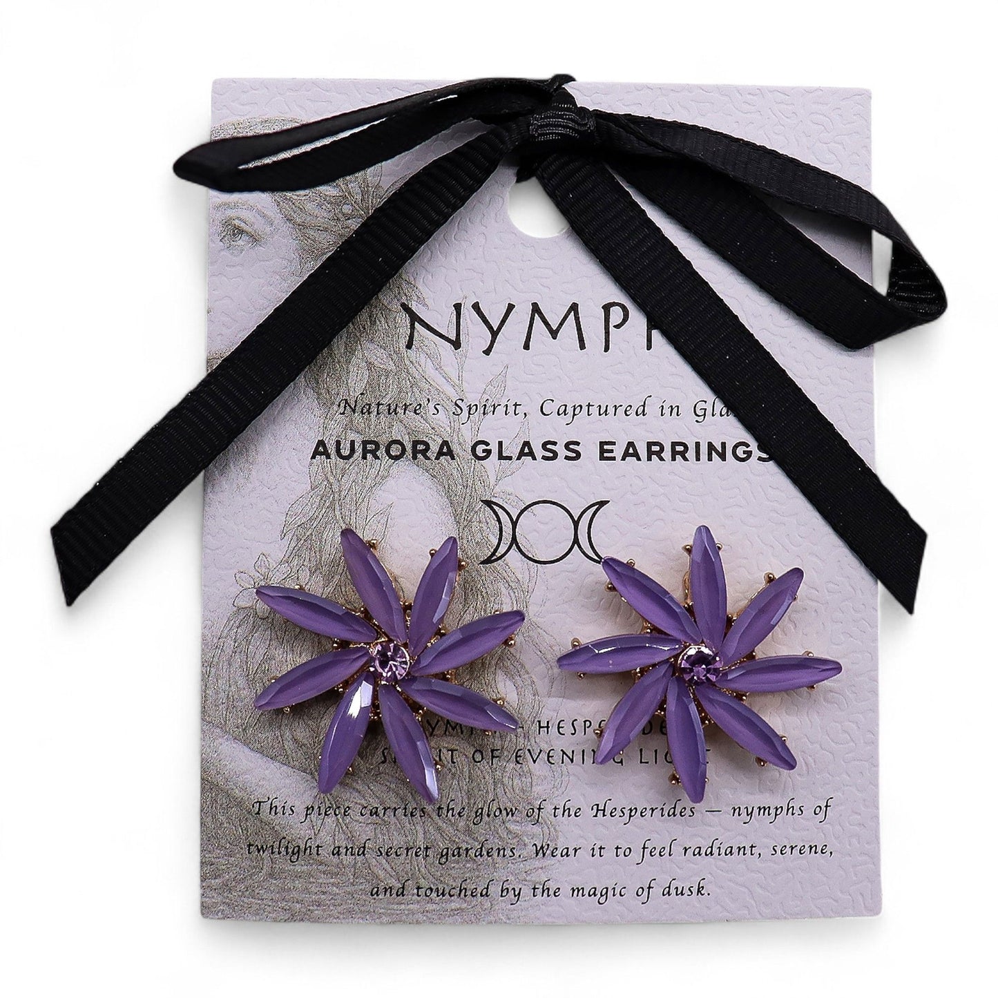 Elegant lavender glass flower earrings with delicate petals and polished stainless steel frames.
