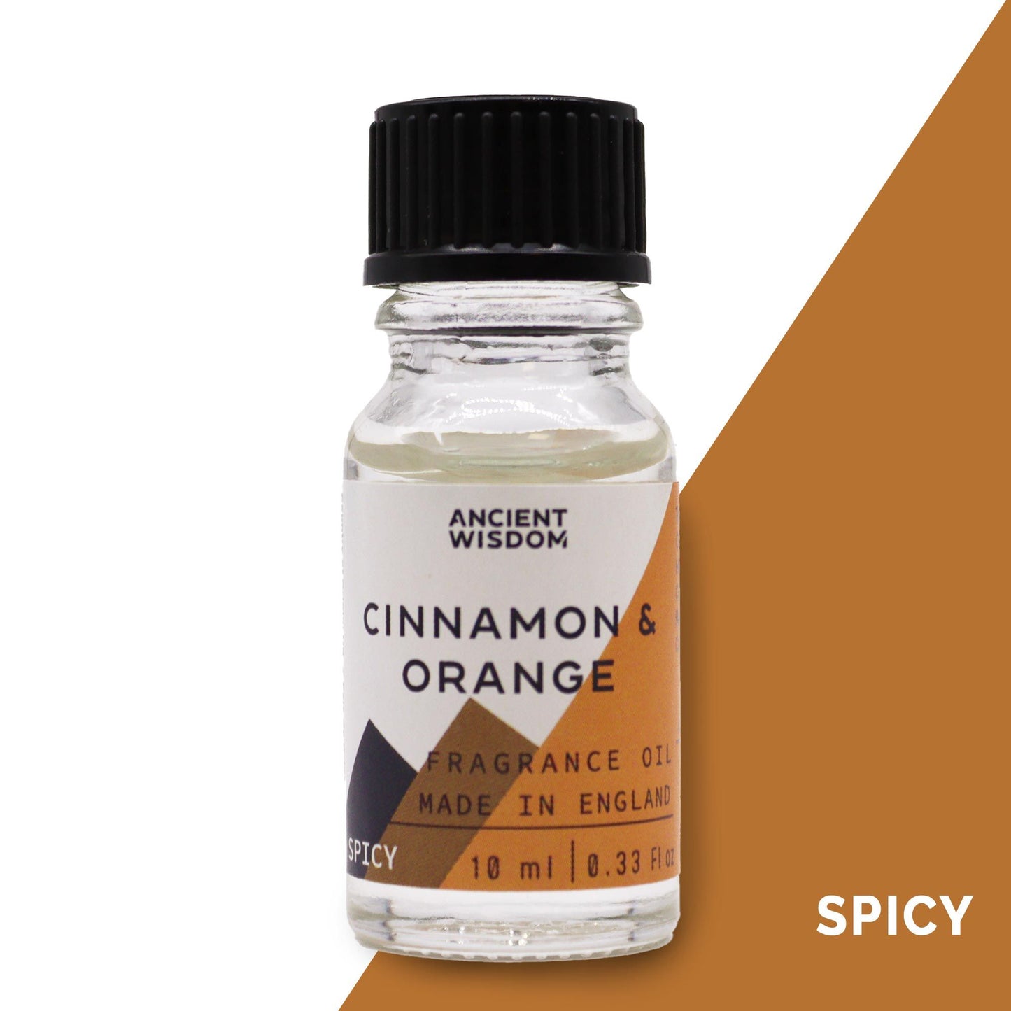 Small amber glass bottle of cinnamon and orange fragrance oil with a black dropper cap.